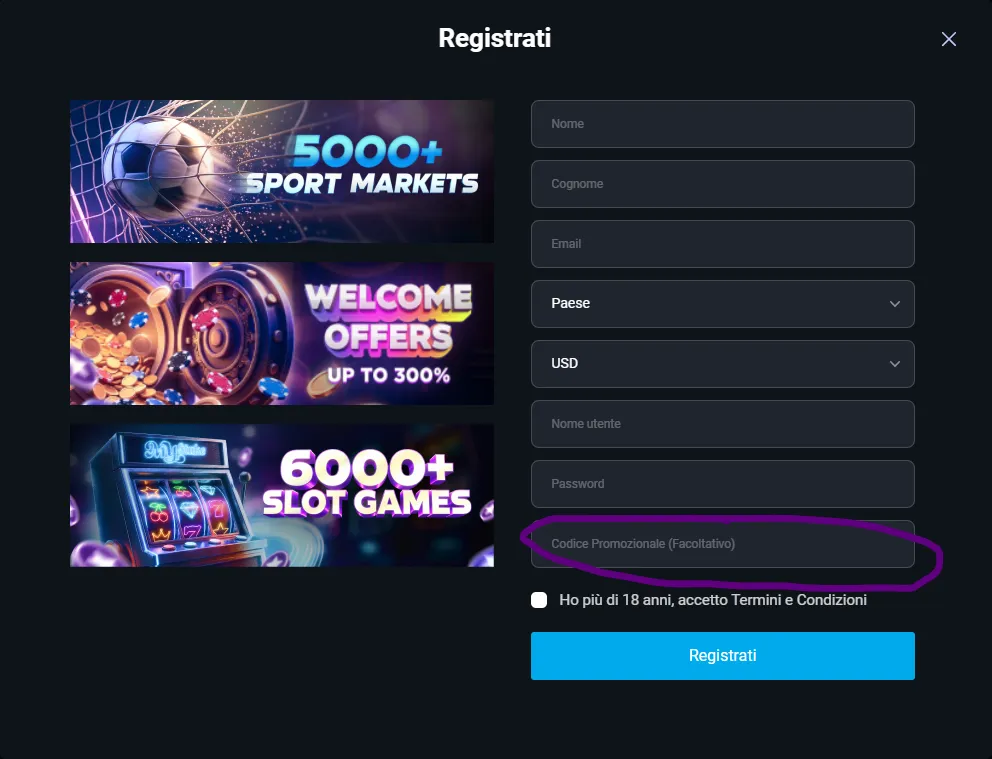 Modulo di registrazione con il campo promo code evidenziato