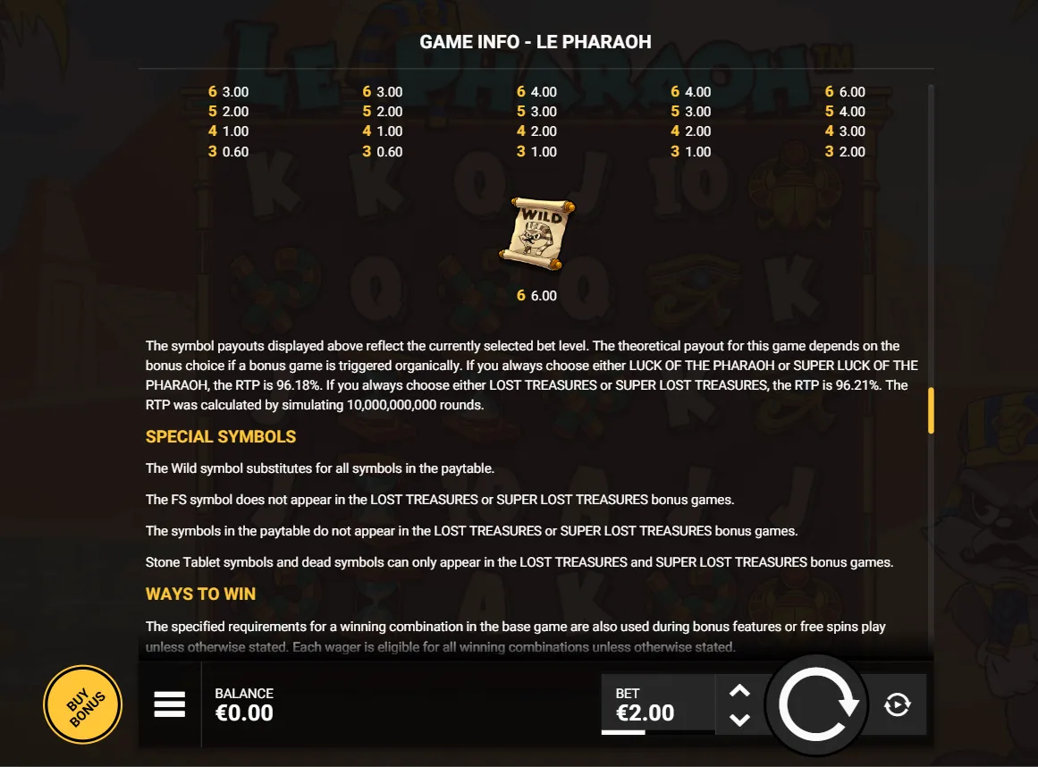 Pannello informativo del gioco con il valore di RTP dichiarato