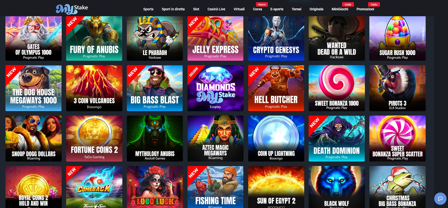 Lobby delle slot di MyStake con i giochi in evidenza