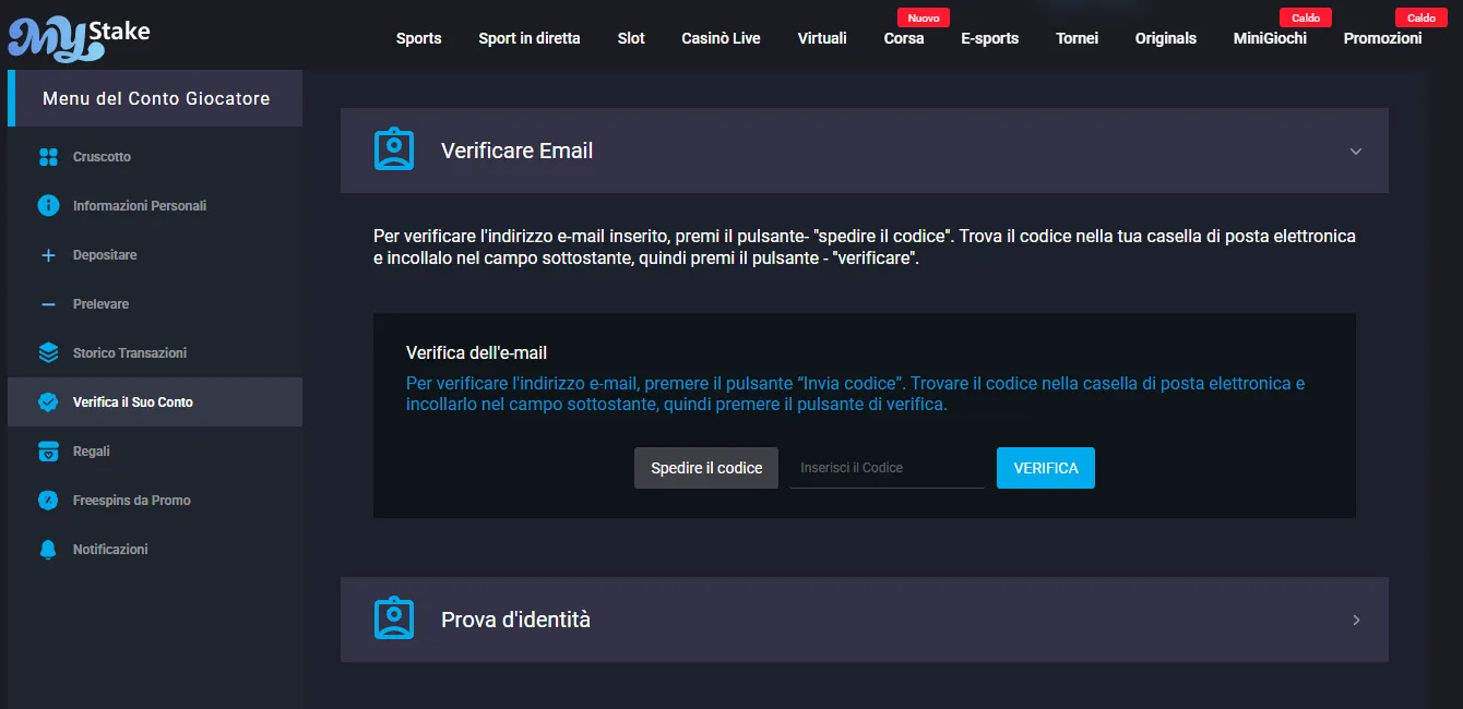 Sezione Account Verification di MyStake con il campo per il codice a cinque cifre